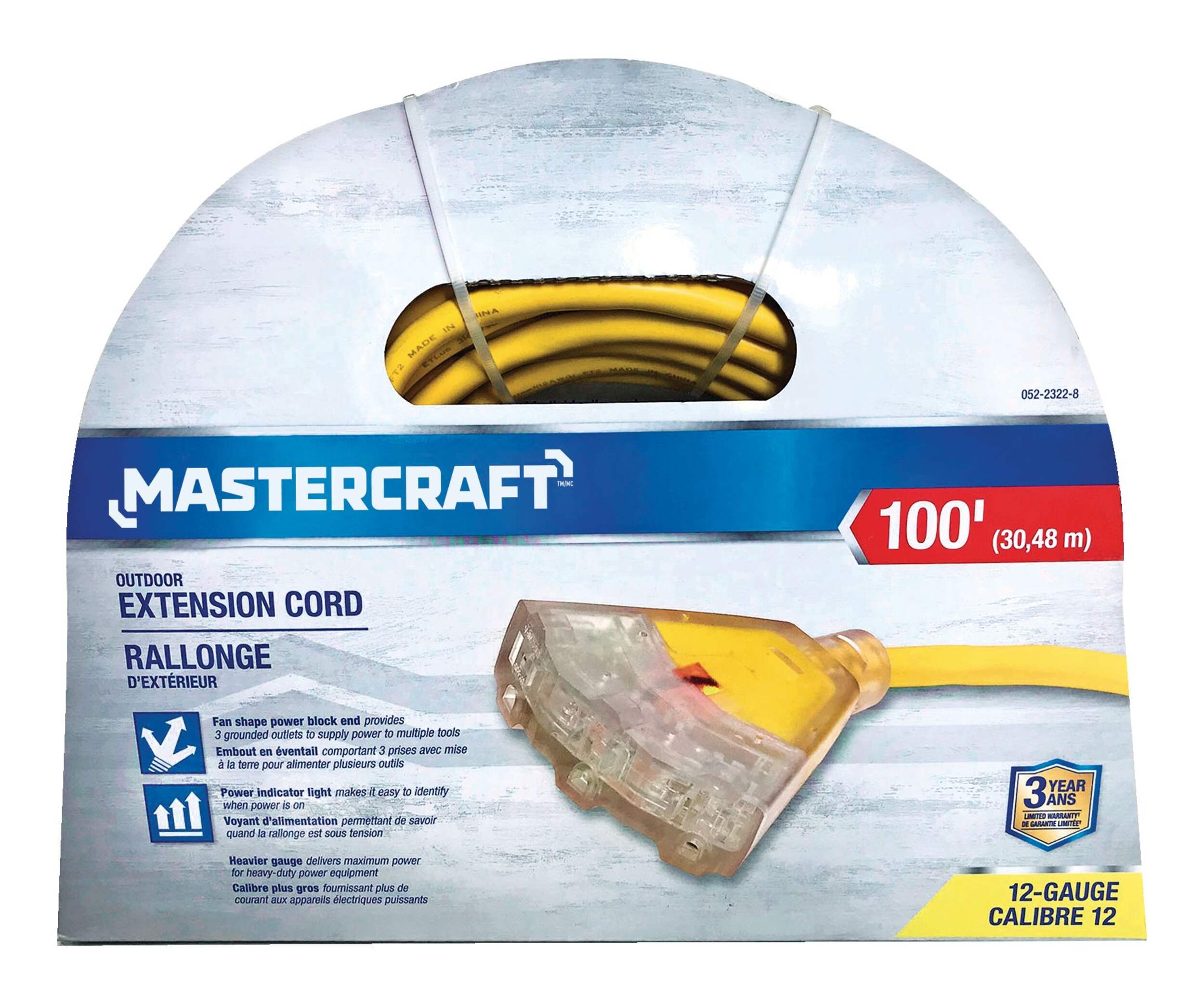Mastercraft 12/3 Yellow Outdoor Extension Cord with 3 Grounded Outlets and Lighted End
