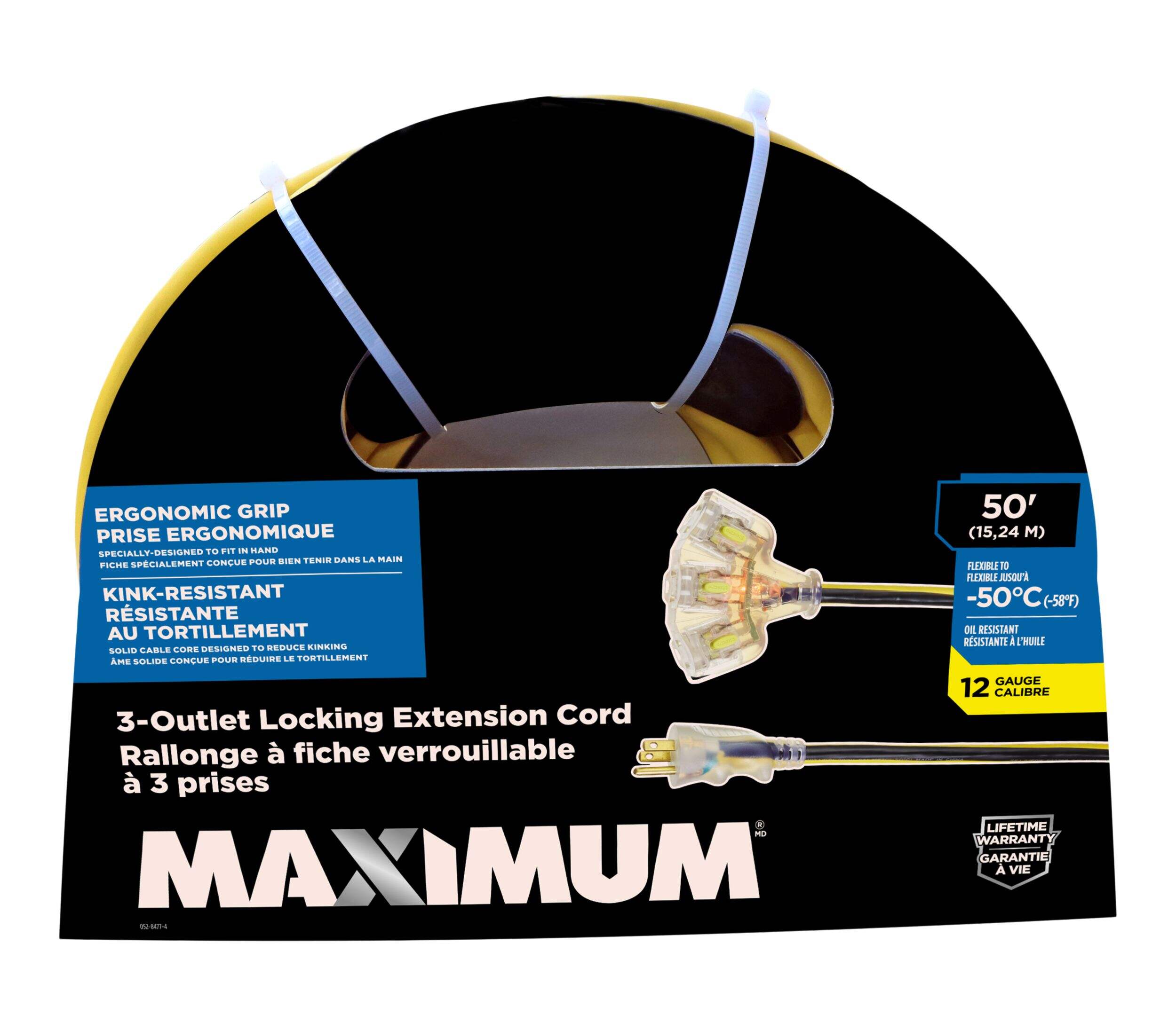 MAXIMUM 3-Outlet Locking Extension Cord, 50-ft, Yellow/Black