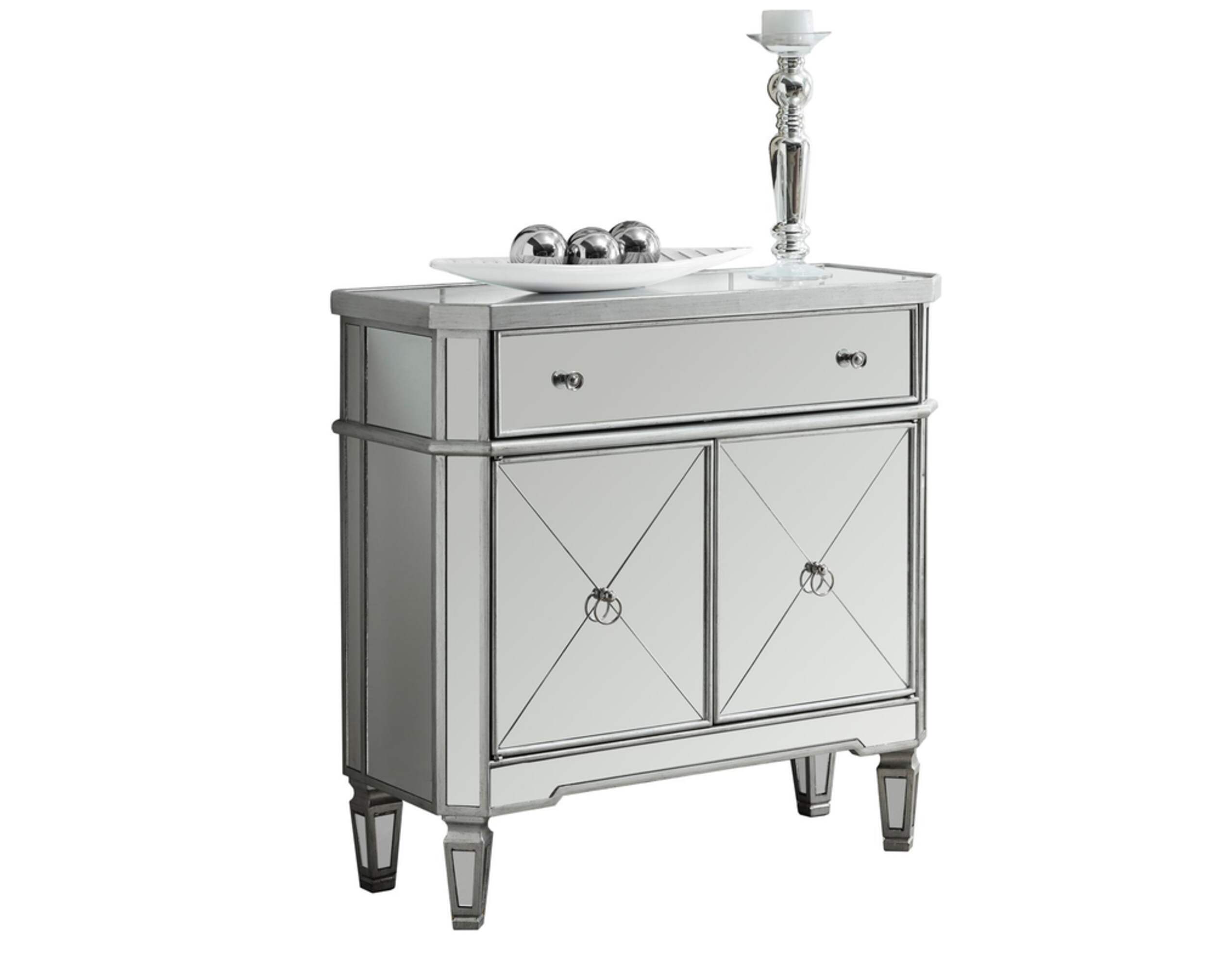 Monarch Silver Mirror Finish End Table with Cabinet & Drawer