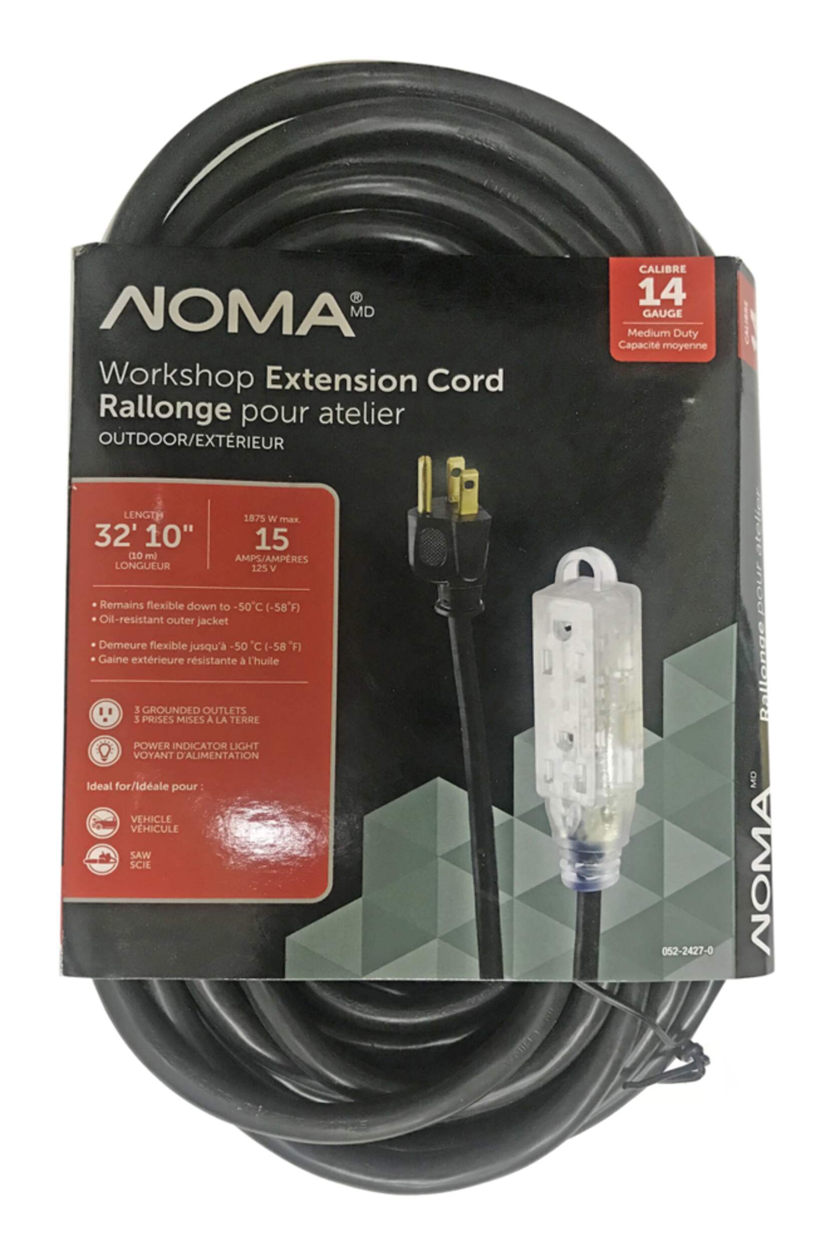 NOMA 32-ft 10-in 14/3 Outdoor Extension Cord with 3 Grounded Outlets and Lighted End, Black