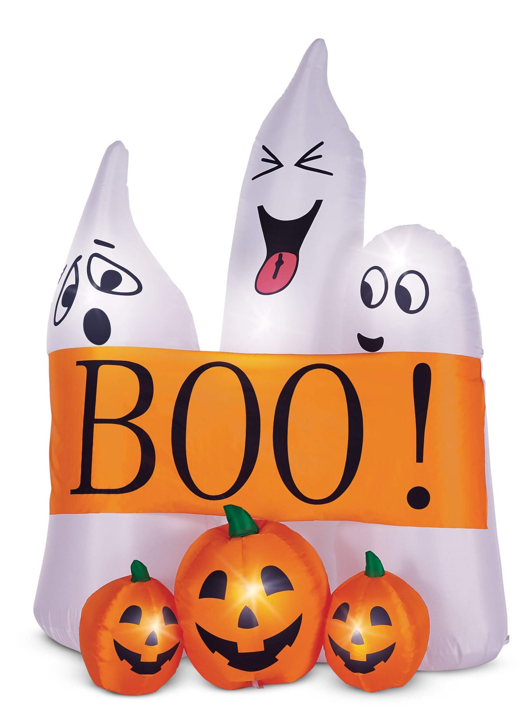 FOR LIVING "Boo!" Ghosts & Jack-O'-Lantern Pumpkins LED Light-Up Airblown Inflatable, Self Inflating Outdoor Decoration for Halloween, White/Orange, 5.5-ft