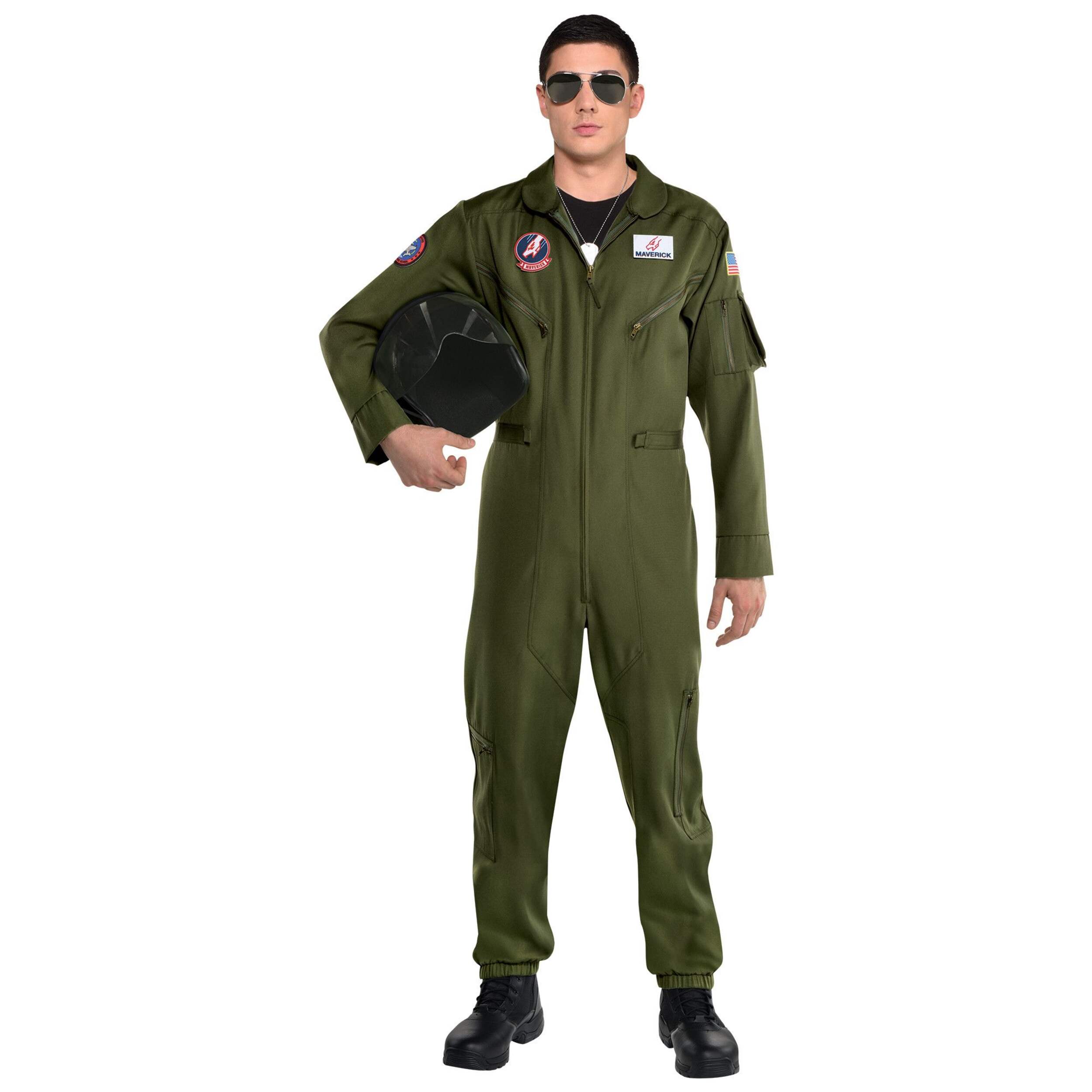 Men's Top Gun Green Flight Suit Halloween Costume, Assorted Sizes